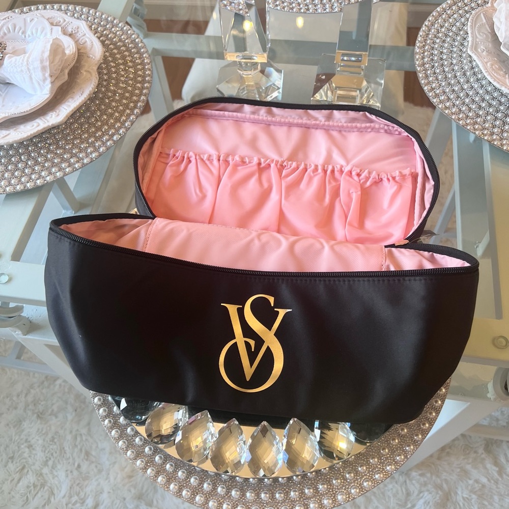 💗 Victoria’s Secret VS Pink Black Bra Swim Beauty Travel Bag Case Gold Logo - Picture 5 of 9